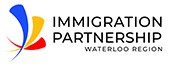 Logo for Immigration Partnership Waterloo Region. Blue, yellow and red swooshes beside their name.